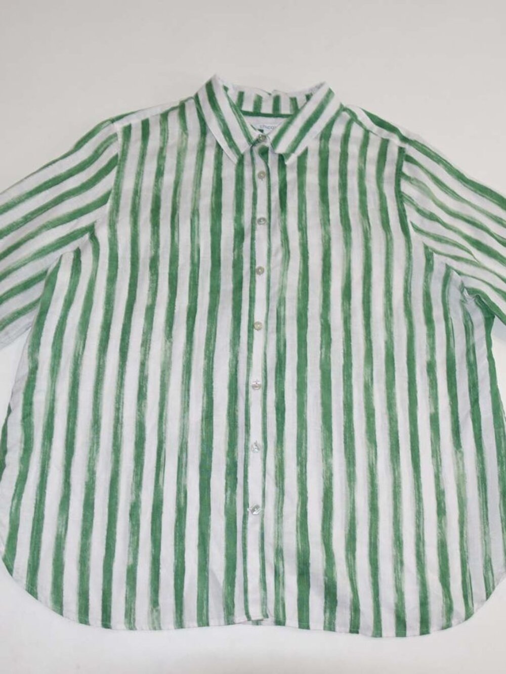Chico's Women's Button Down Shirt Size 3 / 16 Green White 100% Linen 3/4 Sleeves
